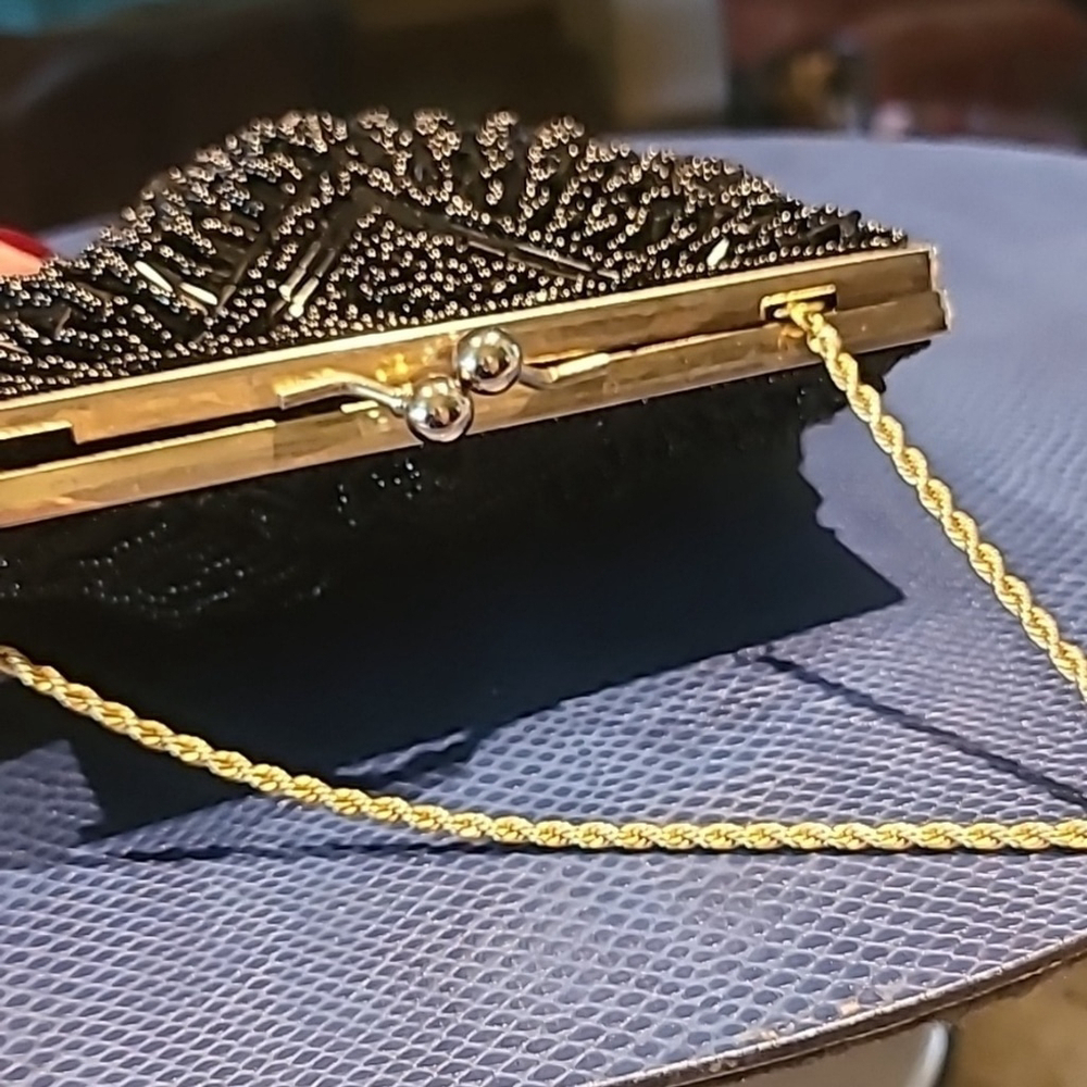 Beaded evening bag. Lovely black satin and beads gold clasp. Sz. 6"x6". (#1315) - Picture 6 of 14